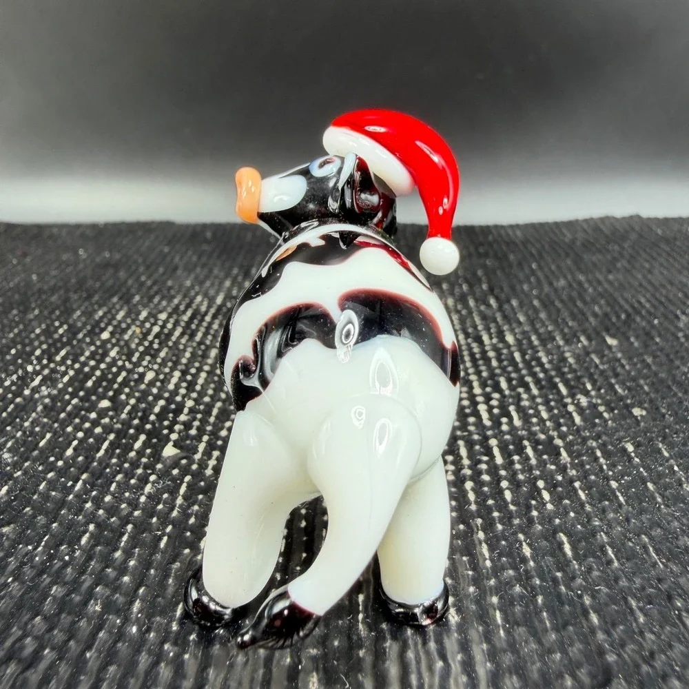 Pier 1 Glass Cow Figurine Santa Hat Christmas Holiday‎ Miniature 3 inch Figure